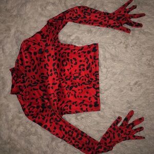 Red Leopard Print Long Sleeve Top with Attached gloves